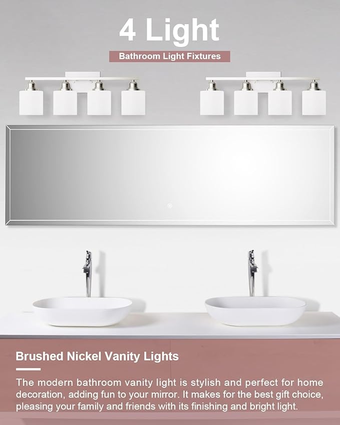 Sailstar 4-Light Bathroom Light Fixtures Over Mirror, Glass Shade & Anti-Rust Nickel Finished,Brushed Nickel Vanity Lights, Modern Bathroom Vanity Light, Bathroom Light for Small Space