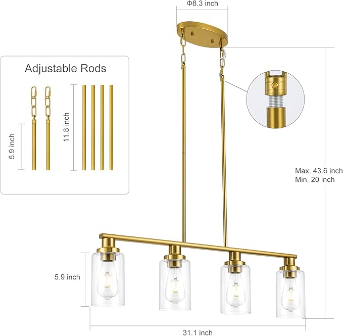 Kitchen Island Lighting, 4-Light Dining Room Light Fixtures Over Table,Gold Linear Chandelier for Dining Room Hanging,Pendant Lights Kitchen Island with Clear Glass Shade