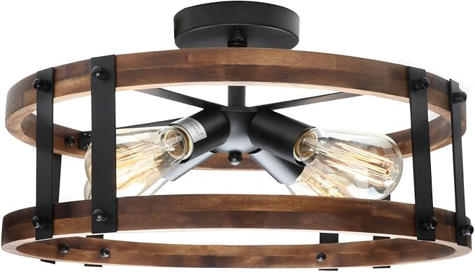 Semi Flush Mount Ceiling Light Fixture, Modern Farmhouse Wood Drum Ceiling Lamp, Rustic Close to Ceiling Lighting for Hallway Entryway Laundry Room Bedroom (Bulb Not Included)