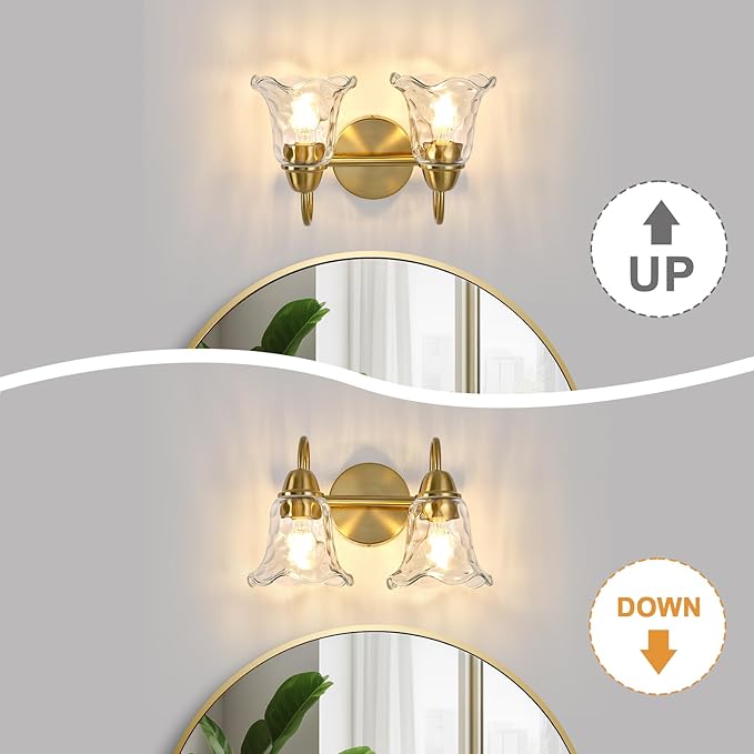 Bathroom Light Fixtures Over Mirror, 2 Lights Vintage Wall Sconces with Hammered Glass Shade, 12.6" Gold Bathroom Wall Light Fixtures for Bedroom, Porch, Hotel, Mirror Cabinet