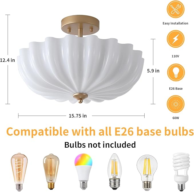 Gold Modern Ceiling Light,15.7" Semi Flush Mount Ceiling Light Fixture with Milky Flower Shade,3-Light Kitchen Lights Ceiling Entryway Light Fixture for Bedroom Hallway Porch