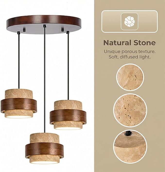 Wabi Sabi Pendant Light - Japandi Nordic Fixture Lamp, Natural Wood & Stone Concrete Chandelier for Japanese Bedroom, Kitchen Island & Dining Room (Yellow Travertine Rotund 3-Head)