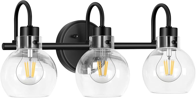 Bathroom Light Fixtures, Black 3 Lights Vanity Light, Farmhouse Wall Sconces with Globe Glass Shade, Porch Wall Mount Lamp for Mirror, Kitchen, Porch Living Room Workshop (E26 Base)