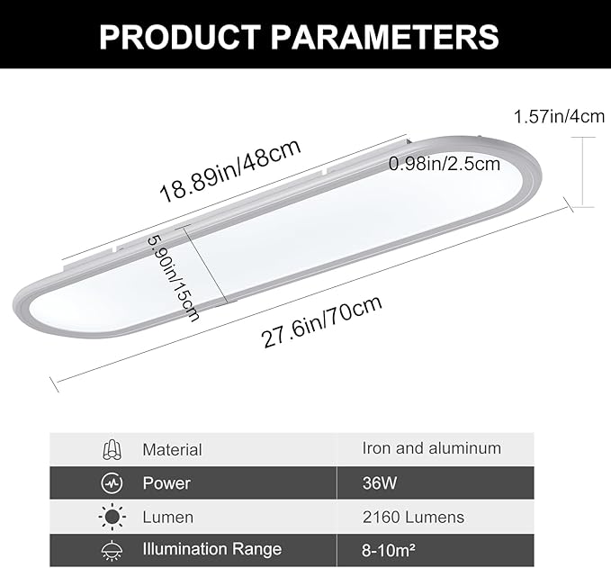 Ganeed 27.6 Inch LED Ceiling Light, High Brightness Linear Ceiling Lamps,6000K Cool White Modern Ultra Thin Low Profile Light Fixture for Bedroom Kitchen Study Room Hallway,White/36W