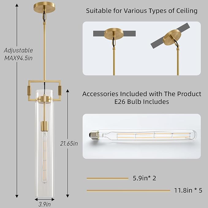 Modern Gold Glass Pendant Light: Knurled Brass Pendant Lights Kitchen Island - Contemporary Hanging Light Fixtures with Cylinder Long Tube - Dimmable Pendants Lighting Fixture over Table for Bedroom