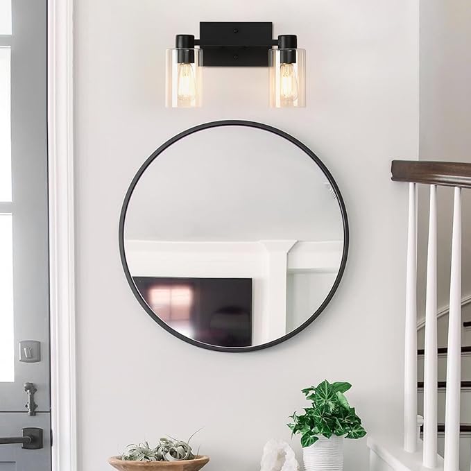 2 Pack Matte Black Bathroom Light Fixtures,2-Light Bathroom Vanity Light with Clear Glass Shade,Modern Farmhouse Wall Sconces Lighting for Bedroom Cabinet Over Mirror Kitchen Living Room