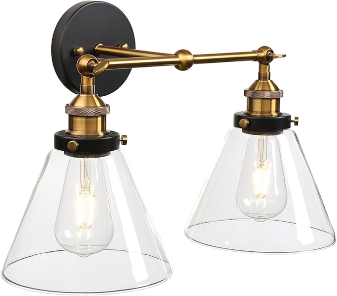 PERMO Industrial 2-Lights Wall Sconces with Dual Funnel Clear Glass Shade Double Sconce Antique Wall Sconce for Mirror Hallway Bedroom, Hardwired, E26 Base