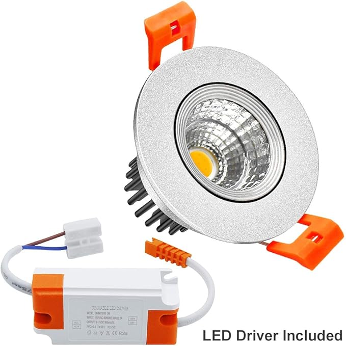 LightingWill 2inch LED Dimmable Downlight, 3W COB Recessed Ceiling Light, Daylight White 5500K-6000K, CRI80, 25W Halogen Bulbs Equivalent, Silver(10Pack)