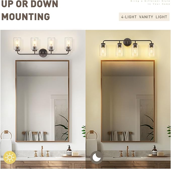 zeyu Oil Rubbed Bronze Bathroom Vanity Light, 4-Lights Bathroom Light Fixtures Over Mirror with Clear Glass Shade, 30.6 Inch Wall Sconce Lighting Bath, ZS62B-4W ORB