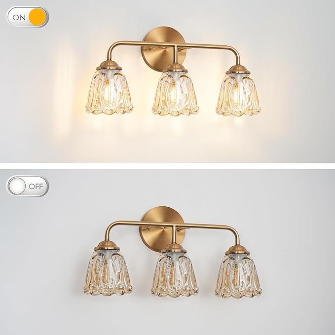 Daunton Vintage 3 Light Vanity Light, Gold Bathroom Vanity Light, Bathroom Light Fixtures with AmberGlass Shade, Antique Vanity Light Fixtures Over Mirror, Wall Sconce for Bedroom, Living Room