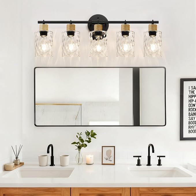 MOKATNG Bathroom Light Fixtures, 5-Light Coastal Vanity Lights with Crystal Glass Shade, Black Bathroom Wall Lamp for Mirror Kitchen Hallway Cabinet