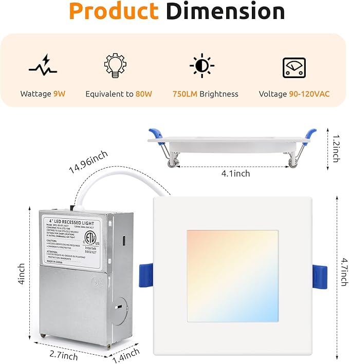 HONZIN Square LED Recessed Lighting 4 Inch, 5CCT Ultra Thin Led Recessed Ceiling Lights 1 Pack, Selectable 2700K/3000K/3500K/4000K/5000K, 9W, IC Rated, Dimmable Square White Trim with Junction Box