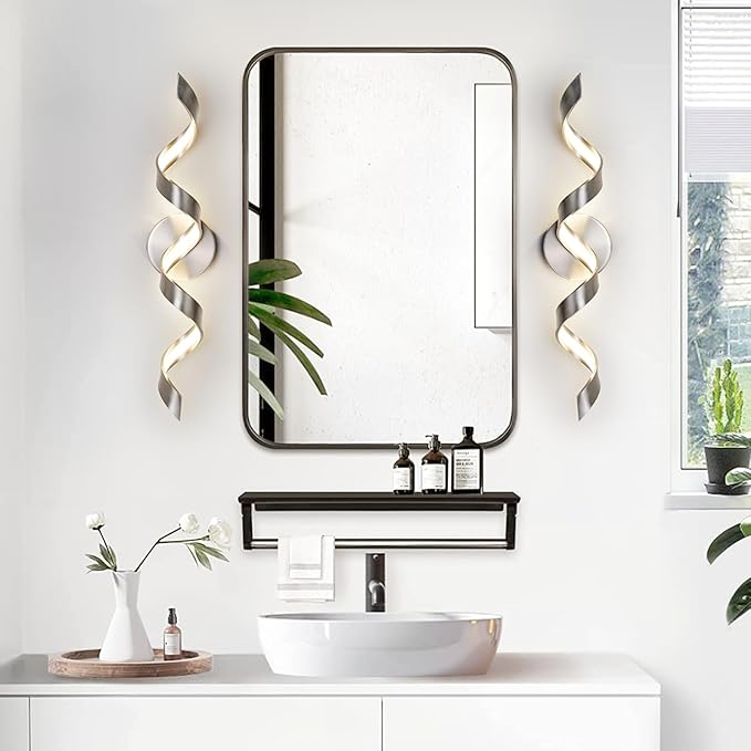 LED Modern Bathroom Vanity Light Fixtures, 24 inch Brushed Nickel Wall Lamp Bedroom 4000K, Spiral Design Wall Sconce for Mirror, Living Room, Bedroom, Hallway 15W