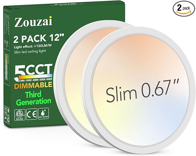 zouzai Third Generation LED Flush Mount Ceiling Light, Dimmable 5CCT Selectable 2700K/3000K/4000K/5000K/6000K,12 inch 24W Ultra Thin Round Lighting Fixture for Bedroom ETL Listed(12 inch 2 Pack)