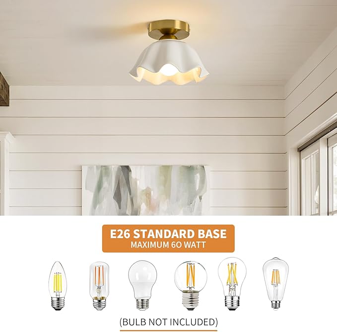Glaze Ceramic Semi Flush Mount Ceiling Light - 2 Pack, Vintage Gold Hallway Light Fixtures, Flower White Globe Ceiling Lights, Mid Century Small Light Fixture for Cottage Entryway Laundry Room Foyer