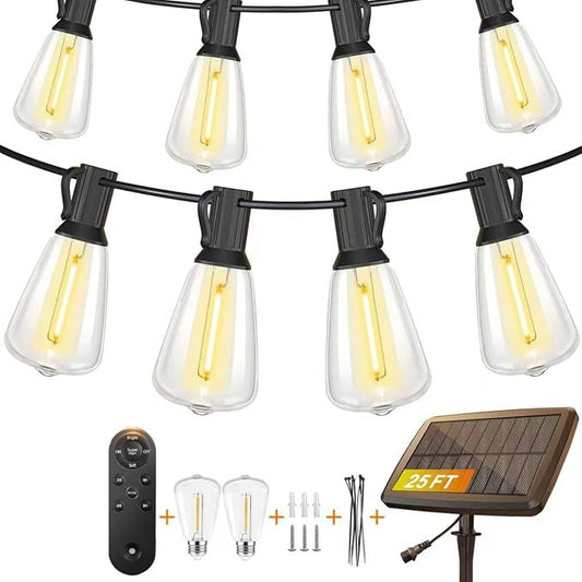 BLIATLUS 25FT Solar String Lights Outdoor Waterproof with Remote Control 8+2 Shatterproof LED ST38 Bulbs for Porch Garden Market Bistro Patio Backyard Fence