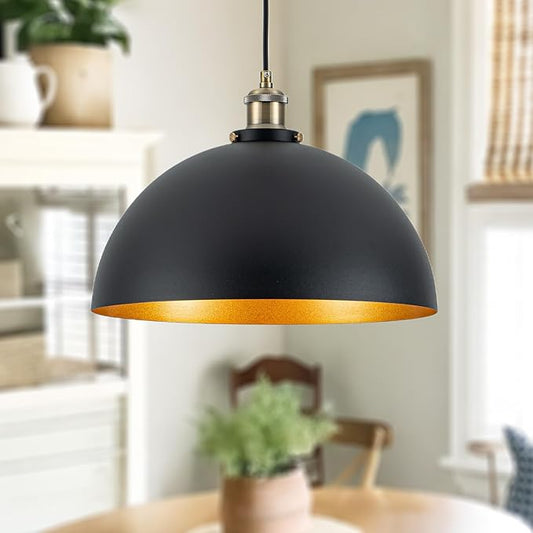 13.78" Modern Industrial Black Pendant Light Vintage Farmhouse Black Gold Pendant Light Fixtures Retro Dome Golden Pendant Lights for Kitchen, Dining Room, Bedroom, Hallway, Entryway, Bars
