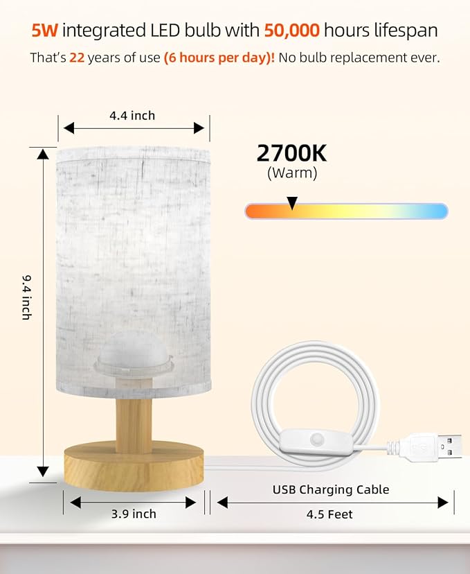 Small Table Lamp for Bedroom - Inline Control, Bedside Lamp for Warm Light LED Desk Lamp, Wood Base Round Flaxen Fabric Shade for Kids Room, Living Room, College Dorm, Home, Office