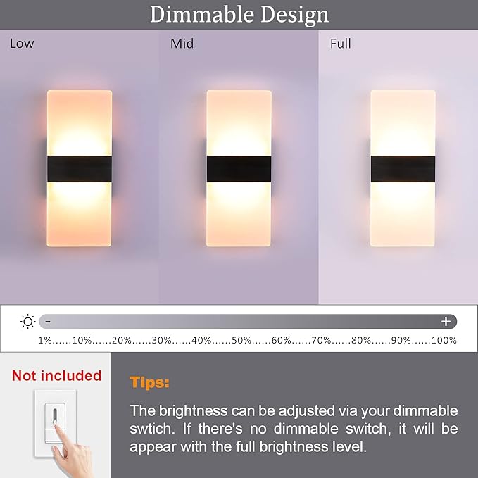 Lightess Modern Wall Sconce Dimmable Sconce Wall Lighting 12W Black Indoor Wall Lamp Acrylic Wall Mounted Lighting Fixture for Bedroom Living Room Hallway, Warm White
