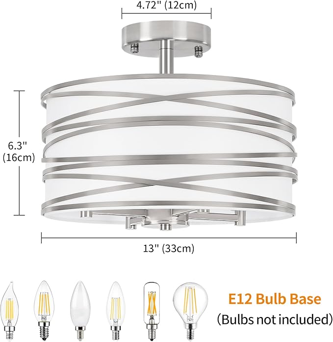 TOULMJ 4-Light Semi Flush Mount Ceiling Light, Brushed Nickel Drum Chandelier with White Fabric Shade, Modern Farmhouse Light Fixtures for Kitchen Island Laundry Room Hallway Dining Room
