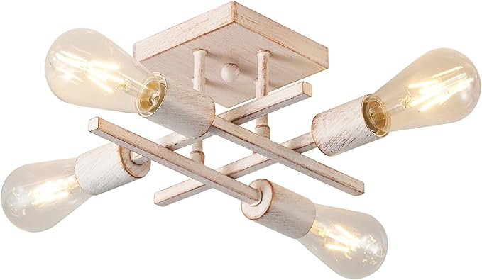 Industrial 4-Light Semi Flush Mount Ceiling Light Fixture, Modern White Gold Chandelier Lighting, Farmhouse Sputnik Ceiling Lamp, E26 Base Pendant Lamps