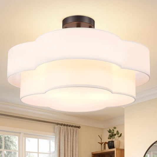Hamilyeah 20 inch Ceiling Light Fixture with Fabric Shade, Scalloped Flush Mount Ceiling Light Flower Shaped, Drum Light Fixture Ceiling Mount for Living Room, Bedroom, Nursery, Kitchen