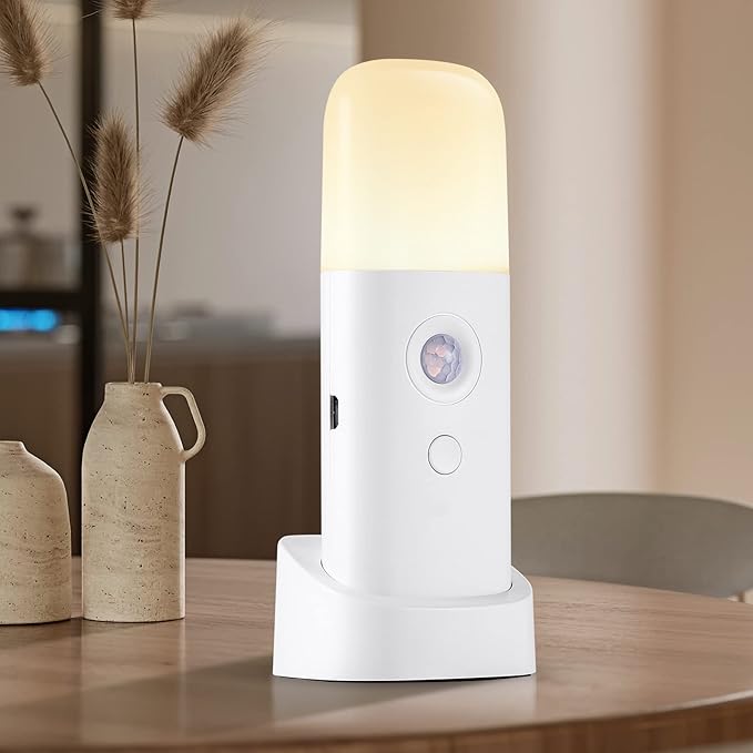CREWEEL Motion Sensor Night Lights Indoor, Rechargeable Night Light Battery Powered, Portable Nightlight with Adjustable Brightness Activated Table Lamp for Kids, Adults(Warm Light, 4 Pack)