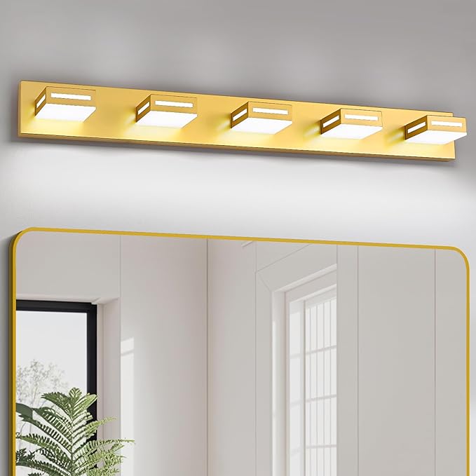 LED Modern Bathroom Light Fixtures, 5-Light 40-Inch Gold Vanity Lights for Bathroom Lighting Fixtures Over Mirror, 6000K Cool White 350° Rotatable Wall Lamp