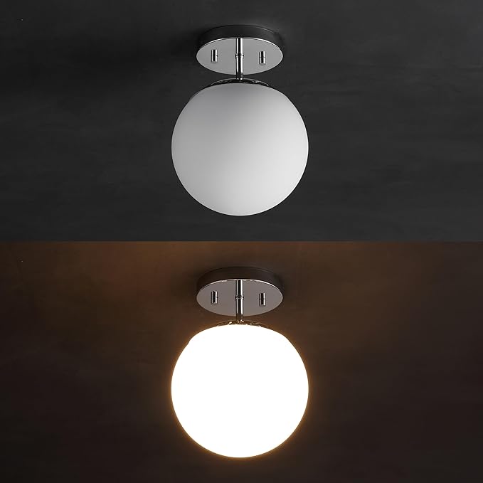 JONATHAN Y 7.75" Chrome/White Modern Semi Flush Mount Ceiling Light, LED Fixture for Entryway, White Frosted Glass Globe Shade, Mid-Century Farmhouse Lighting for Bedroom Hallway (JYL7499D)