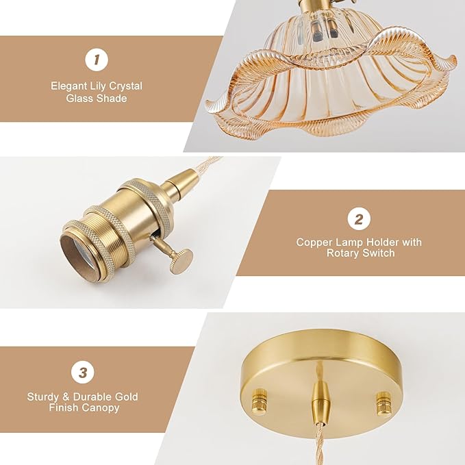 Vintage Pendant Lights Kitchen Island, Adjustable Brass Pendant Light Fixtures with Amber Lily Glass Lampshade, Gold Kitchen Pendant Lighting Over Island, Pendant Light for Dining Room Hallway