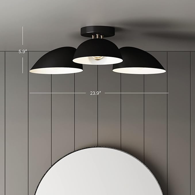 Nathan James Argo Semi Mount Flush Ceiling Light, 3-Lights Modern Retro Lighting with Black Rounded Shades for Hallway, Dining Room and Bedroom, Vintaged Brass/Black