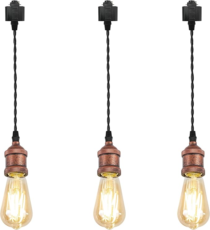 Kiven H-Type Track Lighting Pendants,Industrial h Track Pendant Lights with 15.7 Inch Cord Length Black Weave Rope,3 Pack Track Lighting Fixture,Vintage Red Finish