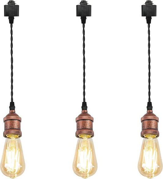 Kiven H-Type Track Lighting Pendants,Industrial h Track Pendant Lights with 15.7 Inch Cord Length Black Weave Rope,3 Pack Track Lighting Fixture,Vintage Red Finish