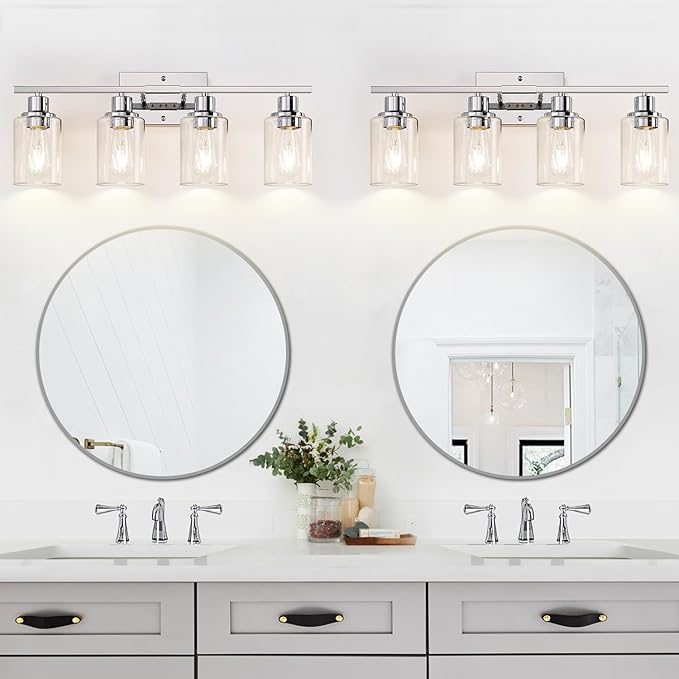 Indoi 4 Light Bathroom Light Fixtures, Chrome Vanity Lights with Clear Glass Shades, Modern Bathroom Light Fixtures Over Mirror, Modern Bathroom Wall Lamp for Mirror Living Room Cabinet