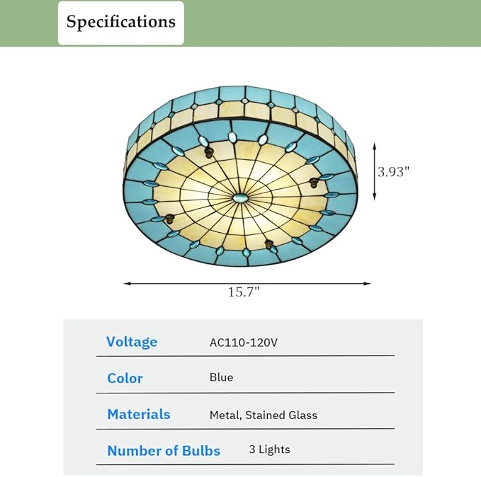 Blue Tiffany Style Ceiling Light, Elegant Stained Glass Flush Mount Ceiling Light, Decorative Round Ceiling Lamp for Bedroom, Entryway (15.7")