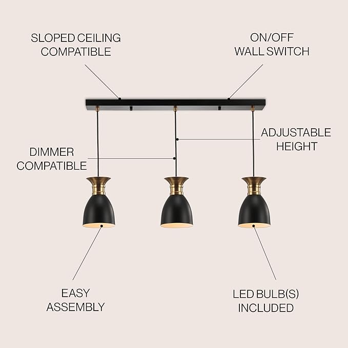 JONATHAN Y 33.25" Black/Brass Gold Modern Metal LED Pendant Light Fixture, Adjustable Hanging Ceiling Lamp for Kitchen Island Bedside, Metal Black Shade, LED Bulb Included (JYL6138A)