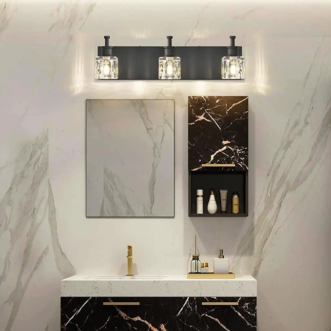 PRESDE Black Crystal Bathroom Lights Fixtures Over Mirror Modern 3 Light Vanity Lighting Bathroom Wall Light Fixtures