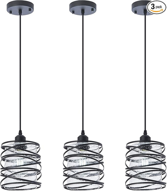 Modern Mini Pendant Light Fixture 3-Pack Kitchen Island Pendant Lighting 6.3''Matte Black Spiral Cage Handblown Clear Seeded Glass Shade Adjustable Cord for Dining Room