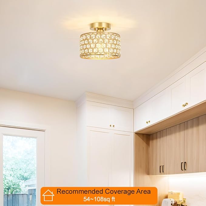 Gold Crystal Ceiling Light Fixture - Modern Semi Flush Mount Ceiling Chandelier Lighting for Hallway, Kitchen & Foyer | Dazzling Prism Chandelier with Easy Installation,1 Light, 8.8 in