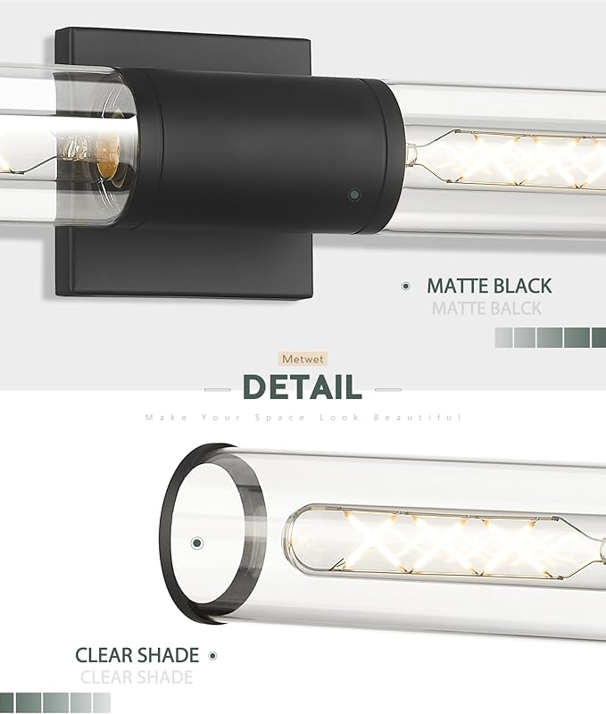 Black Vanity Light Set of 2, 2 Light Modern Bathroom Light Fixtures Over Mirror with Clear Glass Shade, Up and Down Indoor Wall Sconce for Bathroom Bedroom Hallway, VL834-MB-2PK