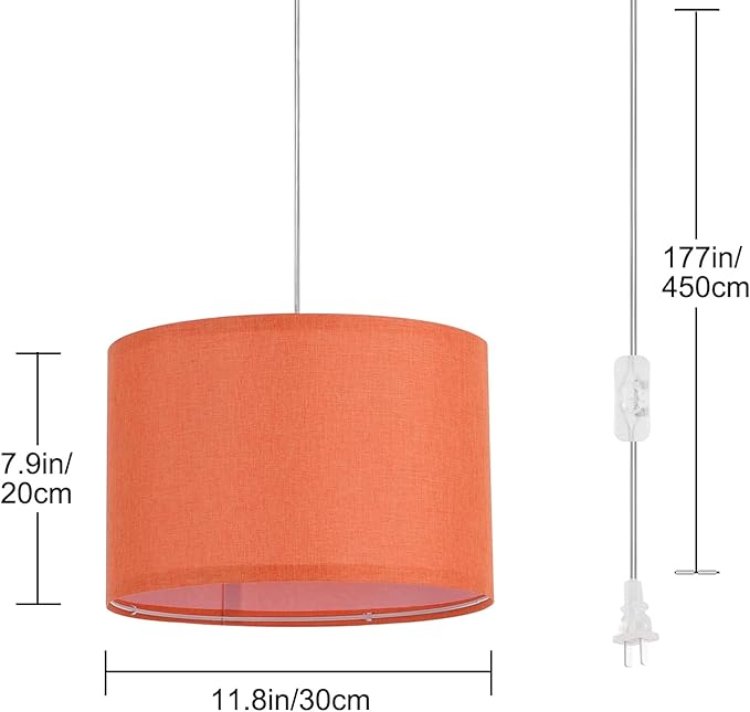 2 Pack Plug in Pendant Light, Hanging Light with 15Ft Clear Cord, On/Off Switch, Dark Orange Fabric Lamp Shade, Hanging Light Fixture for Bedroom, Kitchen