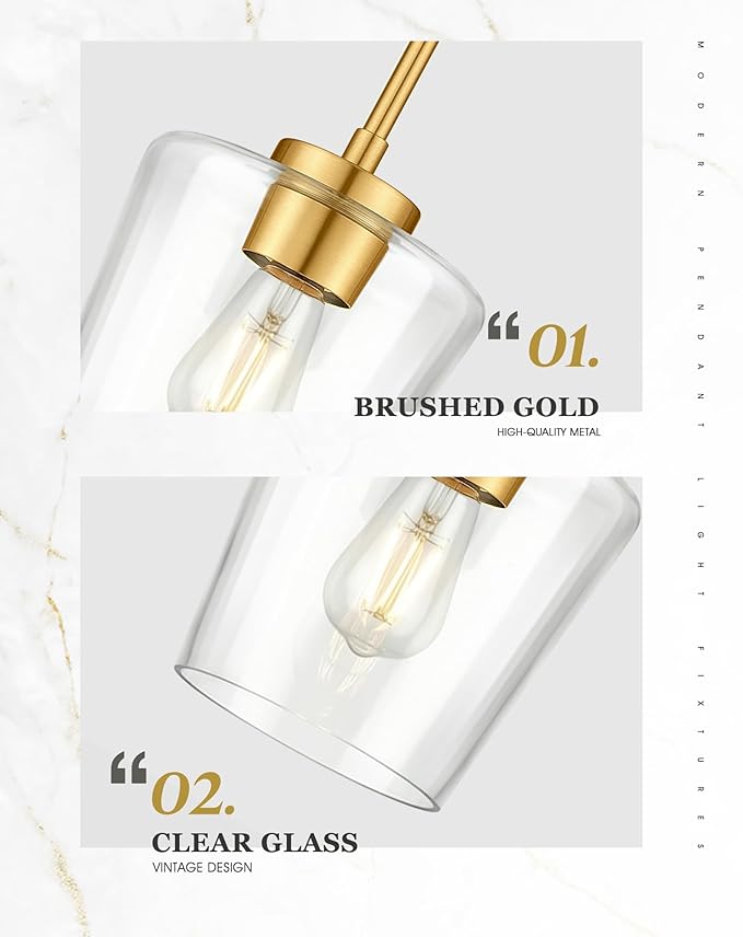 2-Pack Pendant Lights Kitchen Island, 8" Brushed Gold Hanging Lights Fixtures with Clear Glass Shade, Modern Kitchen Pendant Lighting Over Island for Dining Room, AD-22004-1P2L-GD-C