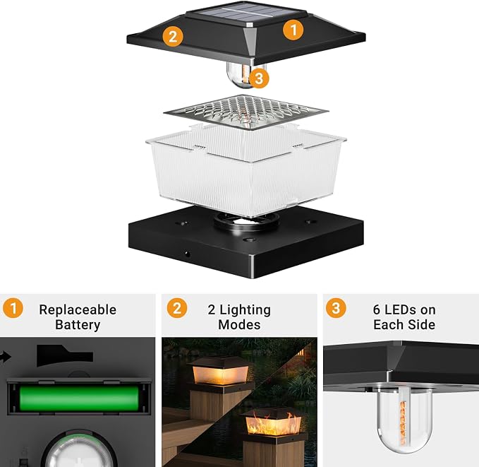 btfarm 4x4 Solar Flame Post Cap Lights Outdoor, 2 Pack Flickering Flame Deck Fence Post Lights, Waterproof Solar Powered Lighting Outside Fit 4x4 3.5x3.5 Wooden/Vinyl for Porch Patio Garden, Black Cap