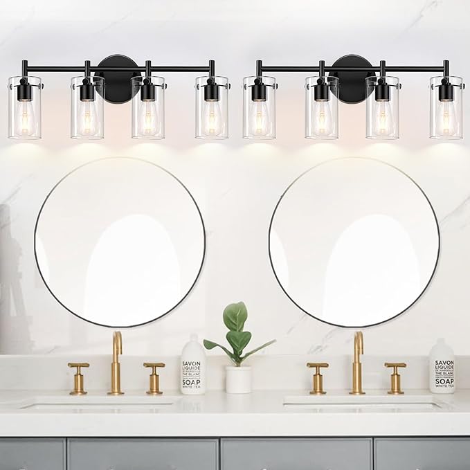 Indoi 4-Light Matte Black Bathroom Vanity Light Fixtures, Clear Glass Shade Wall Sconces for Mirror, Bedroom, Living Room, Hallway
