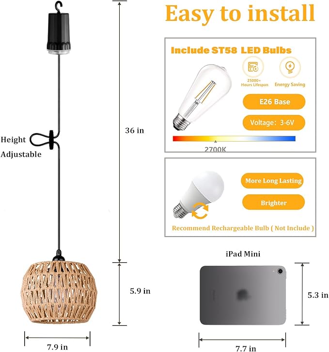 Battery Operated Outdoor Chandelier,Battery Operated Pendant Light with Remote Control, No Wiring Outdoor Hanging Light for Porch Patio Gazebo (7.9" 2Pack)