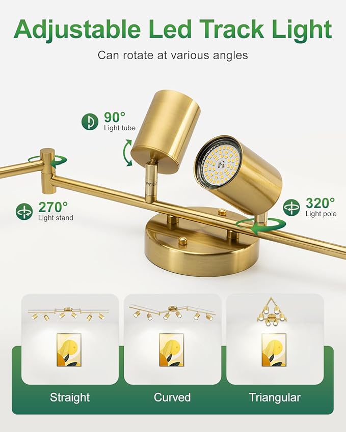 6 Ways Track Lighting, Rotatable Heads Tracks Light, Track Lightings Fixtures Ceiling with Foldable Arms, Brushed Gold Tracks Light for Kitchen, Living Room, Hallway(Bulbs Not Included)