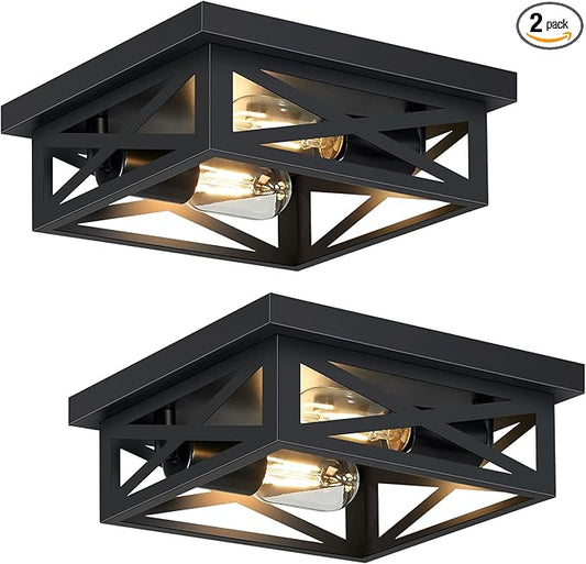 Black Flush Mount Ceiling Light Fixture,2-Light Square Hallway Light Fixtures Ceiling,Light Fixtures Ceiling Mount for Farmhouse,Kitchen,Hall,Bedroom (2 Pack)