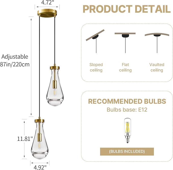 Raindrop Pendant Lights Kitchen Island: 2-Lights Crystal Teardrop Gold Pendant Light Fixture over Dining Table - Modern Glass Gold Rain Drop Ceiling Chandelier Bedroom Bathroom Breakfast Bar Lighting