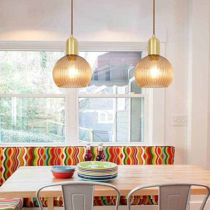 Gold Pendant Light, Modern Pendant Light Fixture with Amber Striped Glass Lmapshade, Brass Kitchen Island Light, Brushed Pendant Lights Kitchen Island Adjustable Hanging Light for Bathroom Dining Room