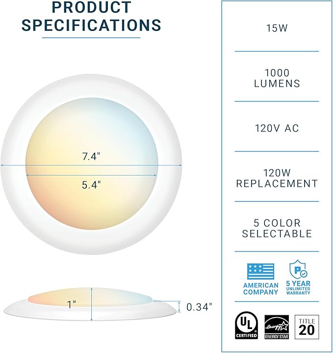 PARMIDA (24 Pack) 5/6 Inch Dimmable 5CCT LED Disk Lights, 15W Surface Mount Ceiling Disc Lighting 5 Color Selectable 2700K/3000K/3500K/4000K/5000K 1100lm, J-Box Or Recessed Can Installation, UL-Listed